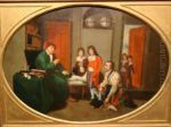 An Interior Of A Study, With A 
Gentleman With Gout Instructing Two Young Boys, With A Servant 
Presenting A Kerchief Full Of Apples, Watched By Two Young Children In 
The Doorway. Oil Painting by William Hogarth