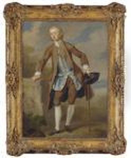 Portrait Of Gustavus Hamilton, 
2nd Viscount Boyne (1710-1746), Small Full-length, In A Brown Coat And 
Breeches With A Blue Silk Waistcoat, A Tricorn Hat And A Walking Stick 
In His Left Hand, In A Landscape Oil Painting by William Hogarth