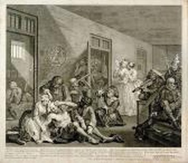 Three Works: A Rake's Progress, 
Interior Of Bedlam, Sedan Chairmen And Saved From Debtor's Prison Oil Painting by William Hogarth