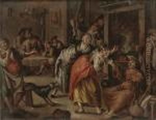 A Monk Drunk In A Tavern - The 
Reverse Of The Panel Painted Withthe Bust Of A Man; And A Monk Selling 
Relics In A Tavern Oil Painting by William Hogarth