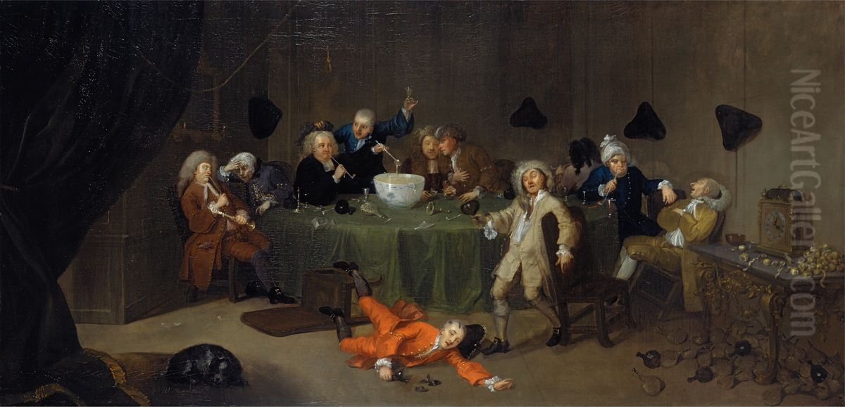 A Midnight Modern Conversation Oil Painting by William Hogarth