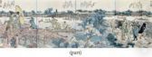 Four Framed Groups Of Bookplates
 Of Landscape Scenes From The Ehon Sumidagawa Ryogan Ichiran Oil Painting by Katsushika Hokusai