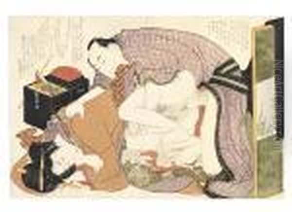 A Couple Making Love In
Front Of A Screen Painted With Irises Oil Painting by Katsushika Hokusai