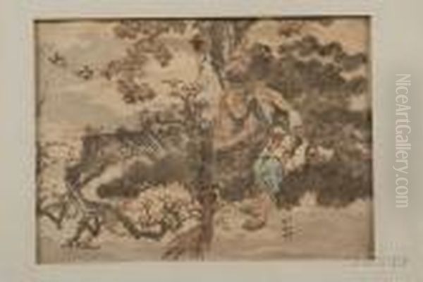 Old Farmer With Broom,
From The 
Manga Oil Painting by Katsushika Hokusai