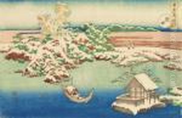 From A Setsugekka [snow, Moon 
And Flowers] Series, Snow Over The Sumida River, A Fisherman Watching 
His Net In A Silent Snowy Setting, Signed Zen Hokusai Iitsu Hitsu Oil Painting by Katsushika Hokusai