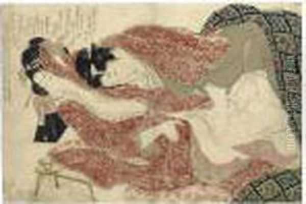 Three Shunga (erotic) Prints: 
Two Sheets From The Series 'ehon Tsuhi No Hinagata' By Hokusai And One 
Sheet From The Series 'negai No Itoguchi' Oil Painting by Katsushika Hokusai