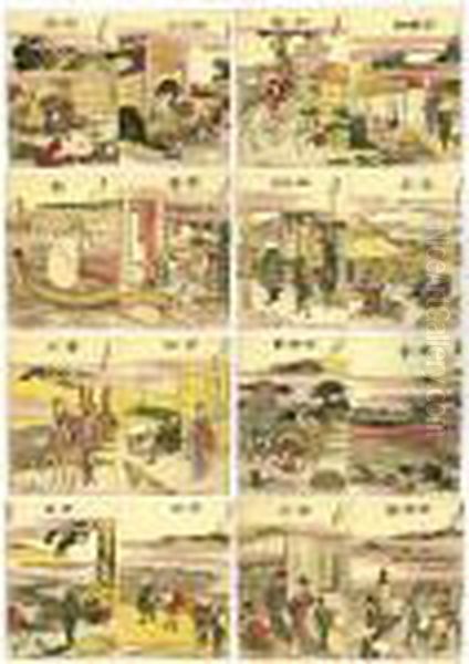 A Complete Set Of The 
````tokaido Gojusan-tsugi' (the Fifty-three Stations Of The Tokaido 
Road) Oil Painting by Katsushika Hokusai