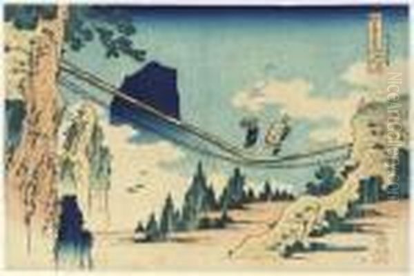 Hi-etsu No Sakai Tsuribashi (the
 Suspension Bridge Between Hida Andechizen Provinces), From The Series 
Shokoku Meikyo Kiran (wondrousviews Of Famous Bridges In All The 
Provinces) Oil Painting by Katsushika Hokusai