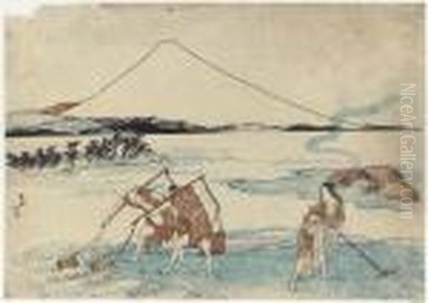 Two Prints, Men Gathering Salt, 
Buckets Suspended From Poles Acrosstheir Shoulders And A Woman Raking 
Salt In Shallow Water, Salt Hutsto The Right, Mount Fuji In The 
Background, From The Series Fujihakkei Zu (eight Views Of Mount Fuji), 
Signed Kat Oil Painting by Katsushika Hokusai