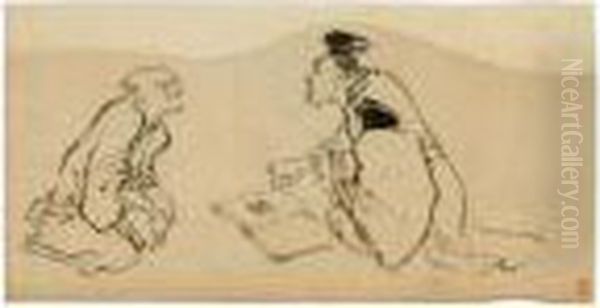 Dessin : Deux Hommes Agenouilles Oil Painting by Katsushika Hokusai