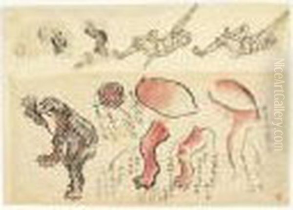 Feuille D'etudes : Kappa, Tete De Chat, Coiffure De Femme Et Personnage En Ascension Oil Painting by Katsushika Hokusai