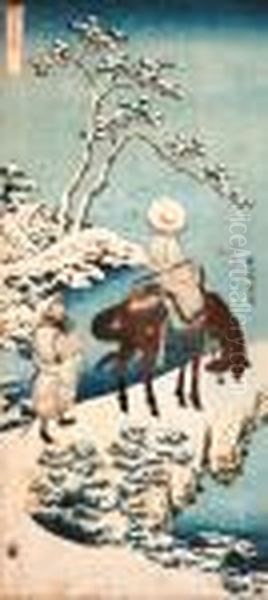 A Chinese Poet On A Mule And An 
Attendant Pausing On A Road Towatch A Flock Of White Gulls In The Snowy 
Landscape Oil Painting by Katsushika Hokusai
