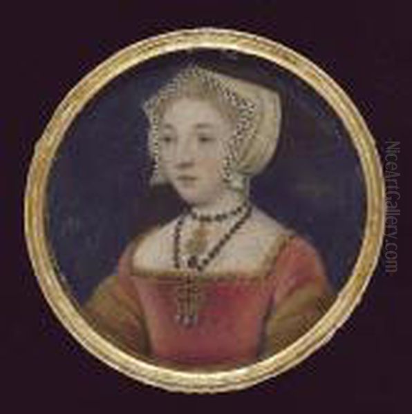Jane Seymour (c.1509-37), 
Wearing Crimson Velvet Dress Trimmed With Ouches (black Onyx Cabouchon),
 Gold Lined Oversleeves, Gem Set Gold Brooch With Pendant Pearls, Two 
Strand Necklace With Pendant Set With Carnelian And Black Onyx 
Cabouchon, Gable Oil Painting by Wenceslaus Hollar