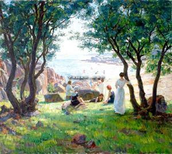 Ved Stranden Olje Pa Lerret Oil Painting by Thorolf Holmboe