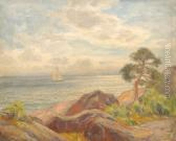 Kystlandskap Og Seilbat Oil Painting by Thorolf Holmboe