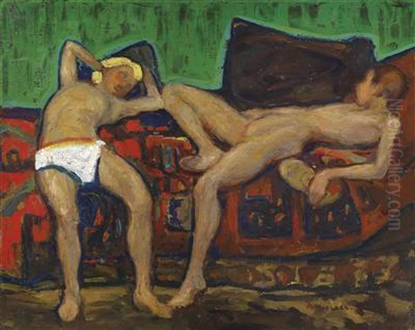 Two Resting Nudes Oil Painting by Adolf Hoelzel