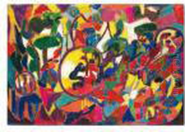 Komposition Mit Figuren Und Drei
 Kreisen, Kleinteilig (composition With Figures And Three Circles, 
Tessellated) Oil Painting by Adolf Hoelzel