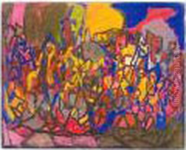 Komposition - Volksmenge Vor 
Landschaft (composition: Crowd Of People In Front Of A Landscape) Oil Painting by Adolf Hoelzel