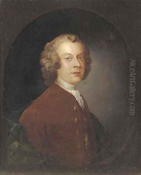 Portrait of a gentleman, half-length, in a brown coat and white cravat, in a feigned oval Oil Painting by Philippe Mercier