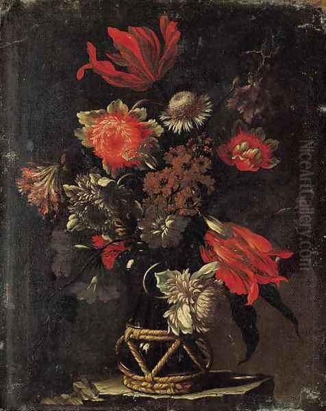 Parrot tulips, chrysanthemums, a thistle, and other flowers in a vase on a stone ledge Oil Painting by dei Fiori (Nuzzi) Mario