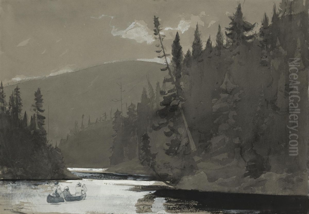 Three Men In A Canoe Oil Painting by Winslow Homer