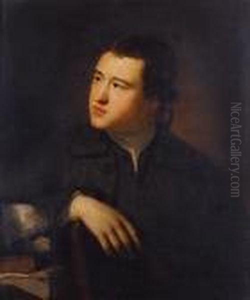 Portrait Of A Gentleman, Said To
 Be Sirrichard Atkins, Half-length, In A Brown Coat, Seated At Hisdesk Oil Painting by Nathaniel Hone
