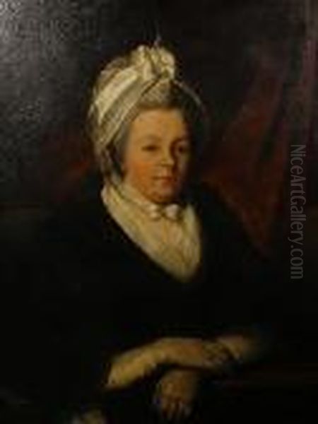 Portrait Of A Lady, Said To Be 
Selina Edwards,nee Bayly, Half Length In Black Costume With A White Lace
 Bonnet,seated Before A Red Curtain Oil Painting by John Hoppner