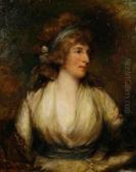 Portrait Of A Lady, Said To Be 
Mrs Fitzherbert, Half-length, In A Cream Dress And A Blue Headdress Oil Painting by John Hoppner