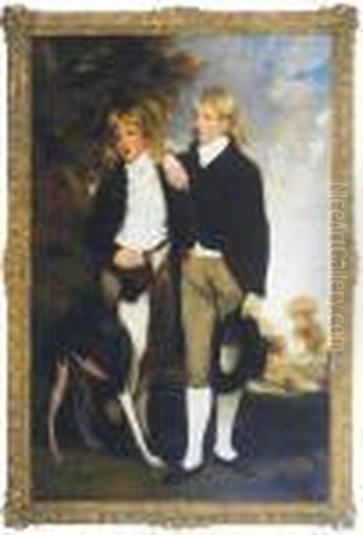 Portrait Of The Hon. John Cust 
And The Hon. Henry Cust, Standing Full-length, With A Hound, In A 
Landscape Oil Painting by John Hoppner
