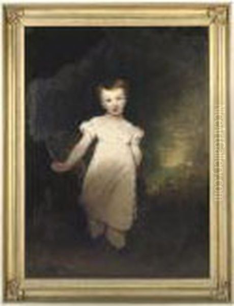 Portrait Of A Young Boy, 
Traditionally Identified As Sir Thomasmunro Of Lindertis, Forfar, 1st 
Baronet K.c.b. (1761-1827) As Achild, Full-length, In A Pale Pink Gown, 
Holding A Rake, In Alandscape Oil Painting by John Hoppner