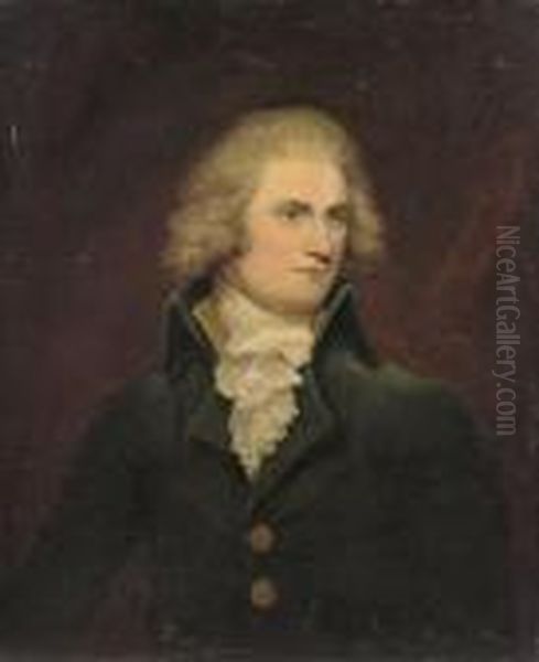 Portrait Of B. H. Malkin, 
Half-length, In A Blue Coat With Brass Buttons And A White Ruffle Oil Painting by John Hoppner