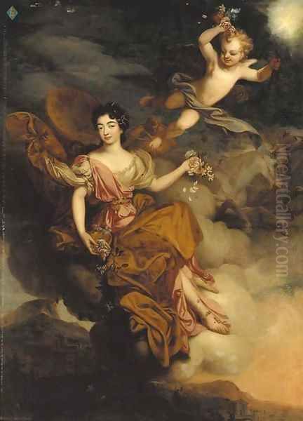 Portrait of Mademoiselle de la Force as Flora, full-length, with putti in a landscape Oil Painting by Mignard, Pierre II