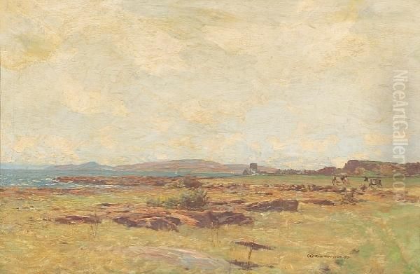 An Extensive Landscape With Cattle Grazing And The Sea Beyond Oil Painting by George Houston