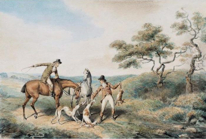 Huntsmen And Dogs Hare Coursing In A Rocky Landscape; Huntsmen And Dogs With A Hare Oil Painting by Samuel Howitt