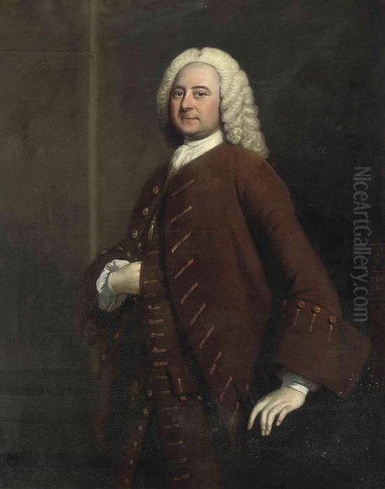 Portrait Of A Gentleman, 
Three-quarter-length, In A Rust Coat Withgold Trim, In An Interior Oil Painting by Thomas Hudson