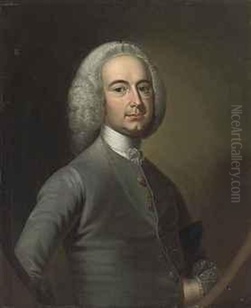 Portrait Of A Gentleman, 
Traditionally Identified As Robert Butcherof Walthamstow, Half-length, 
In A Blue Coat And Lace Collar Oil Painting by Thomas Hudson