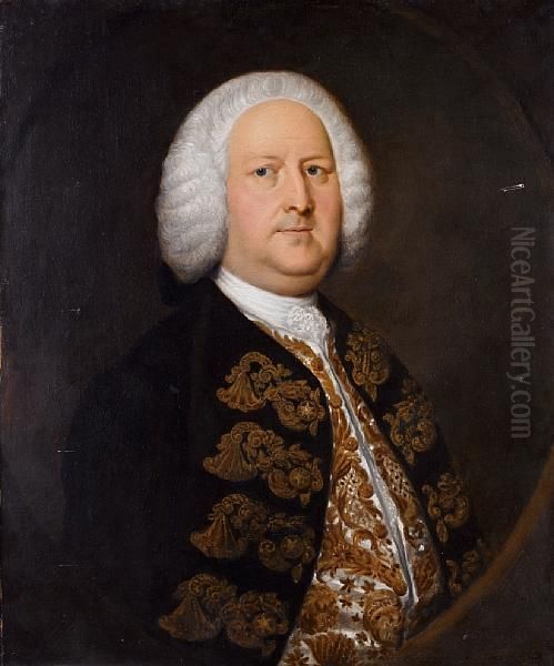 Portrait Of A Gentleman, 
Half-length, In Ablue Coat With A White, Embroidered Waistcoat, Within A
 Paintedstone Oval Oil Painting by Thomas Hudson