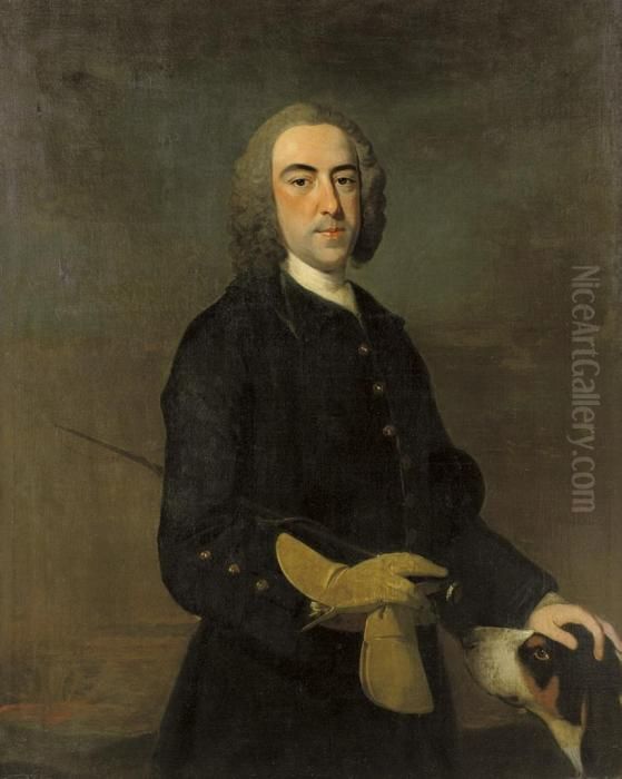 A Portrait Of A Gentleman, 
Standing Three-quarter-length, Wearing A Green Equestrian Coat And 
Holding A Riding Crop, With A Hound By His Side, In A Landscape Oil Painting by Thomas Hudson
