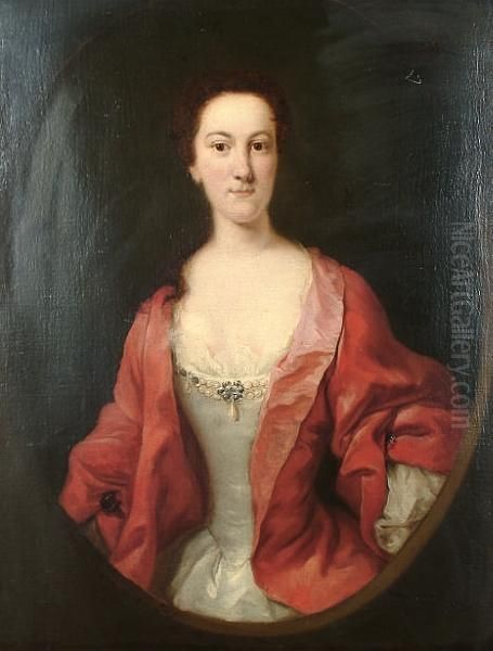 Portrait Of A Lady, Said To Be 
Caroline Digby, Half-length, In A White Dress With A Red Overdress In A 
Painted Oval Oil Painting by Thomas Hudson