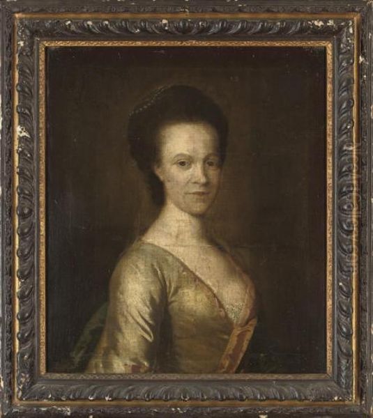 Portrait Of A Lady, Half-length,
 In An Oyster Satin Dress With Pink Trim And Pearls In Her Hair Oil Painting by Thomas Hudson