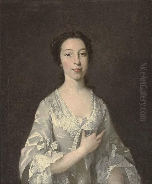 Portrait Of A Lady, Half-length,
 In An Oyster Satin Dress With Lace Trim, Pearls In Her Hair Oil Painting by Thomas Hudson