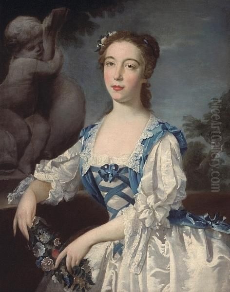 A Portrait Of A Lady, 
Three-quarter Length In A White Dress With Blue Ribbons Holding A 
Bouquet Of Flowers Oil Painting by Thomas Hudson