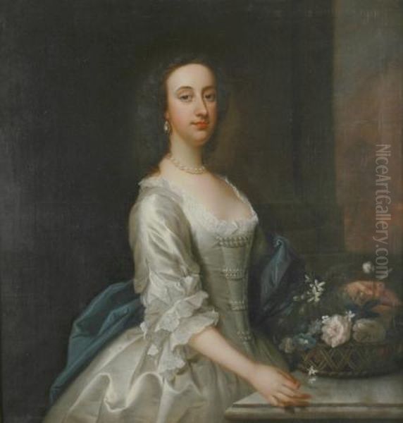 Lady In A White Satin Dress Oil Painting by Thomas Hudson