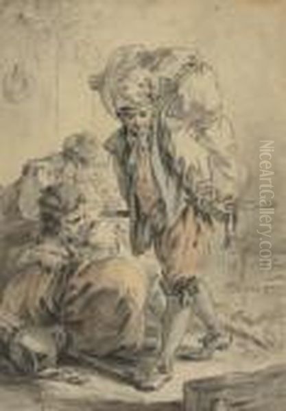 A Porter, With Other Figures Resting Alongside Oil Painting by Jean-Baptiste Huet