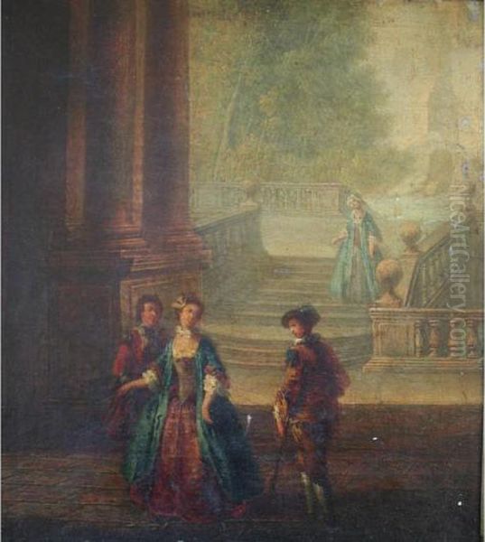 Elegant Company In A Colonnade Oil Painting by Jean-Baptiste Huet