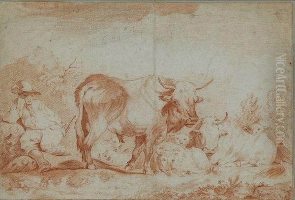 Berger Et Son Troupeau Oil Painting by Jean-Baptiste Huet