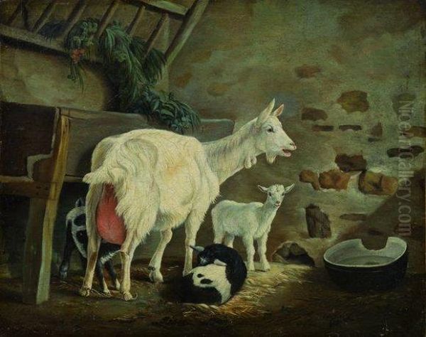 La Chevre Et Ses Chevreaux Oil Painting by Jean-Baptiste Huet