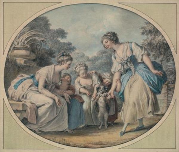 Femmes Et Enfants Autour D'un Chien Dresse Oil Painting by Jean-Baptiste Huet