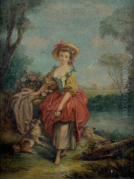 Jeune Fille Tenant Une Rose Pres D'une Riviere Oil Painting by Jean-Baptiste Huet