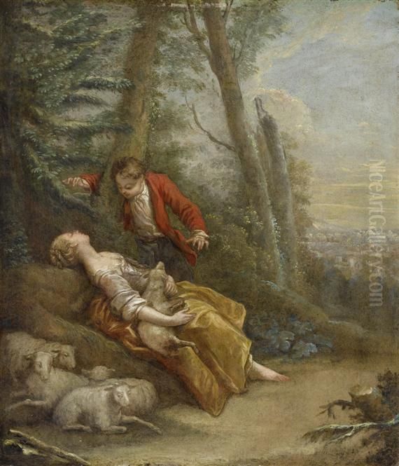 A Young Man Discovering A Sleeping Shepherdess Oil Painting by Jean-Baptiste Huet